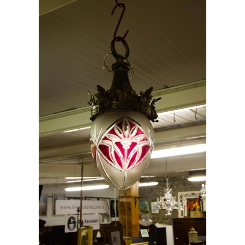 304 - GILT CENTRE LIGHT WITH CUT GLASS SHADE 20CM DIAM.  X 45CM DROP