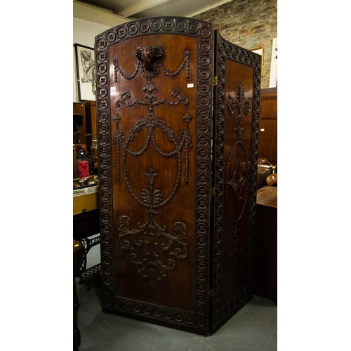 311 - SUPERB QUALITY ANTIQUE CARVED MAHOGANY 3 FOLD SCREEN . 212CM HIGH X 195CM WIDE