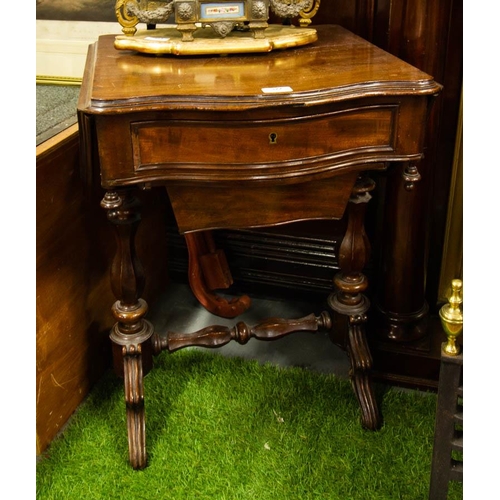 322 - VICTORIAN MAHOGANY SHAPED TOP SEWING TABLE WITH DROP SIDES + DRAWER 50 X 50 X 70H CM