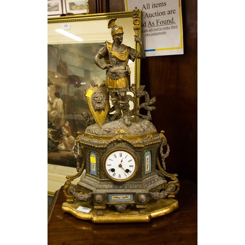 323 - FRENCH MANTLE CLOCK WITH WARRIOR TOP 35W X 50H CM