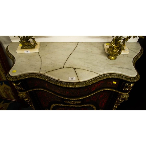 33 - SHAPED MARBLE TOP BOULLE CABINET 115W X 45D X 110H CM. REPAIRS IN MARBLE