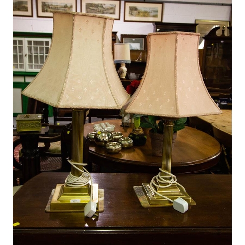 337 - 2 CORINTHIAN COLUMN BRASS LAMPS WITH PINK SHADES - NEAR PAIR