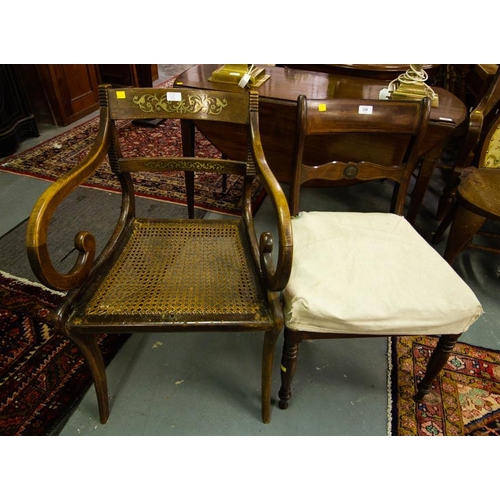 338 - REGENCY BRASS INLAID CARVER CHAIR + INLAID OCCASIONAL CHAIR