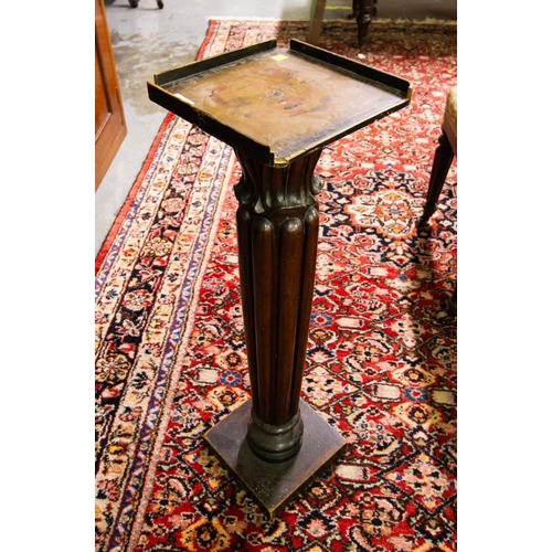 342 - REEDED MAHOGANY PEDESTAL WITH PAPIER MACHE TOP 80H CM - as found moulding missing