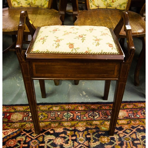 350 - INLAID MAHOGANY LIFT TOP PIANO STOOL 51 X 31 X 63H CM