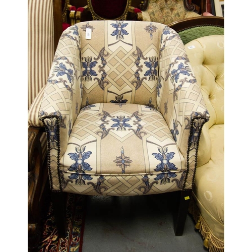 352 - NEAT UPHOLSTERED TUB CHAIR ON TAPERED LEG