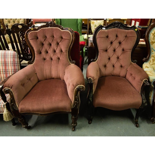 355 - VICTORIAN MAHOGANY BUTTON BACK CHAIR + VICTORIAN MAHOGANY BUTTON BACK CHAIR WITH CABRIOLE LEG