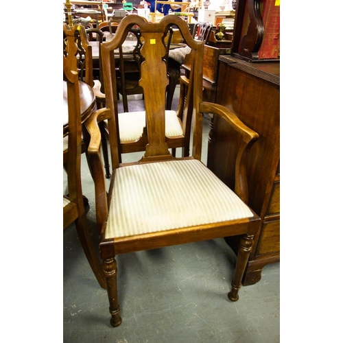 396 - 6 EDWARDIAN MAHOGANY DINING CHAIRS (4 + 2 CARVERS)