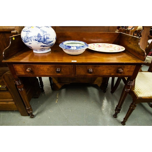 402 - VICTORIAN MAHOGANY GALLERY BACK SIDE TABLE WITH 2 DRAWERS 104W X 52D X 96H CM