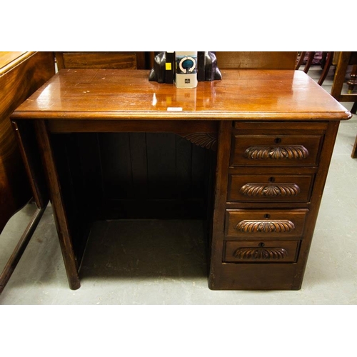 408 - LOW MAHOGANY DESK WITH DROP SIDES & 4 DRAWERS. 90 X 45 X 67CM HIGH