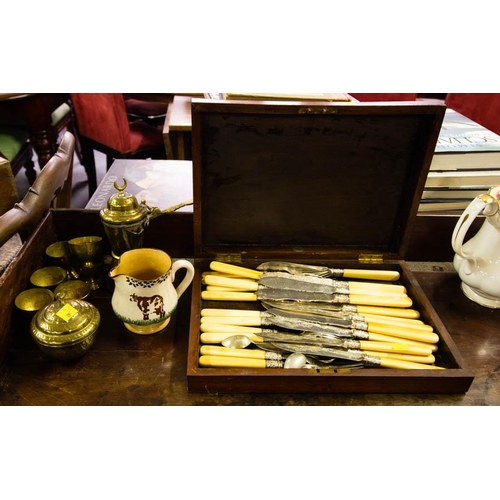 412 - 12 + 12 VICTORIAN FISH CUTLERY, BRASS TODDY SET + MOSSE POTTERY JUG