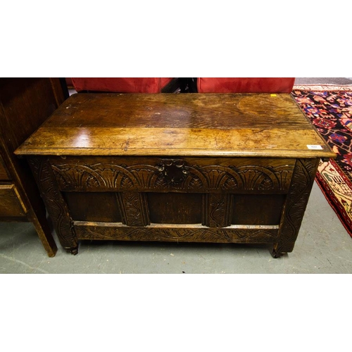 422 - ANTIQUE CARVED OAK LIFT TOP COFFER 90 X 45 X 48H CM