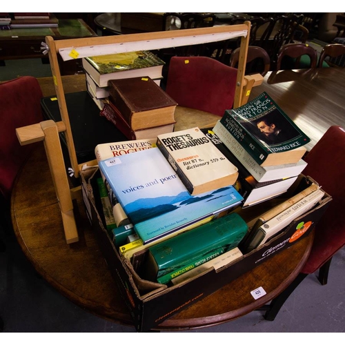 427 - TAPESTRY STRETCHER + BOX OF BOOKS