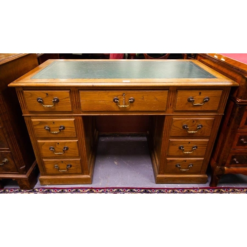 439 - OAK LEATHER TOP DESK, 120 W X 59CM DEEP X 78CM HIGH