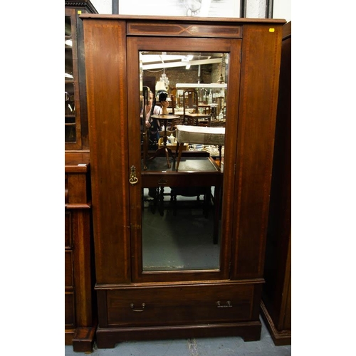 492 - EDWARDIAN MAHOG. INLAID MIRROR DOOR WARDROBE WITH DRAWER BASE. 105W X 49CM D X 92CM HIGH