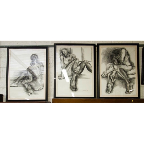 493 - SET OF 3 CHARCOAL LIFE DRAWINGS IN BLACK FRAMES BY KAREN CARPENTER 95 X 125CM