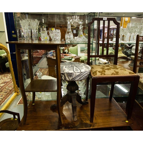 527 - INLAID OCCASIONAL TABLE, MAHOGANY BEDROOM CHAIR + PIANO STOOL AF