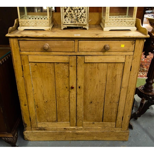 531 - ANTIQUE PINE 2 DOOR CABINET WITH GALLERY 91W X 41D X 91H + 10H GALLERY BACK CM