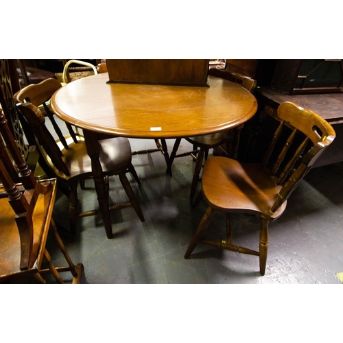 543 - OAK DROP LEAF KITCHEN TABLE + 4 RAIL BACK CHAIRS