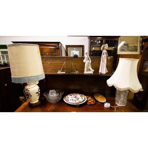 551 - MASONS TABLE LAMP, PLATES, FIGURES + CUT GLASS