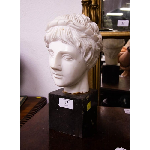 57 - MARBLE GRECIAN BUST ON BLACK BASE 28H CM