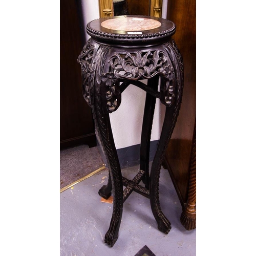 63 - ORNATE CARVED PLANT STAND WITH MARBLE TOP