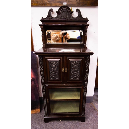 67 - CARVED MAHOGANY MIRROR BACK MUSIC CABINET. 63 X 4X0CM X 155CM HIGH