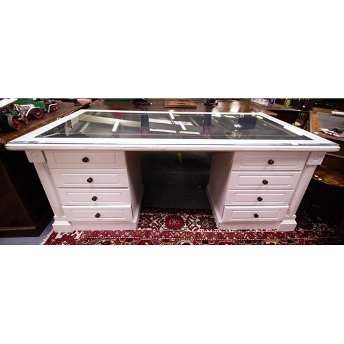 68 - LARGE PAINTED DESK WITH BEVELLED GLASS TOP. 200 CM X  100 CM X 76CM HIGH