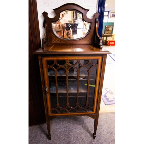 70 - NEAT INLAID MAHOGANY SINGLE DOOR CABINET WITH MIRROR BACK. 57W X 35D X 134 CM HIGH