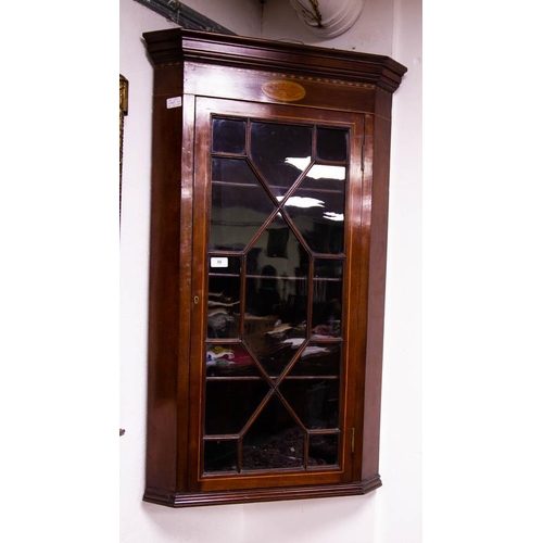 86 - EDWARDIAN INLAID MAHOGANY HANGING CORNER CABINET. 106CM HIGH