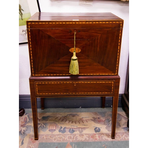 96 - ANTIQUE INLAID MAHOGANY CELLARETTE ON STAND WITH DRAWER BASE - AF.60 X 36 X 90CM HIGH