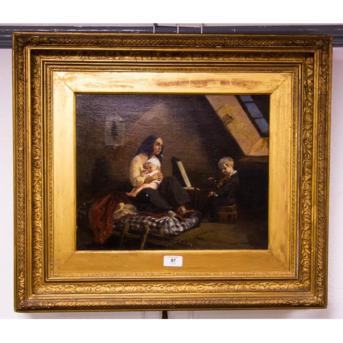 97 - ANTIQUE OIL ON CANVAS IN THE ATTIC SIGNED CLEMENT B 52 X 40CM