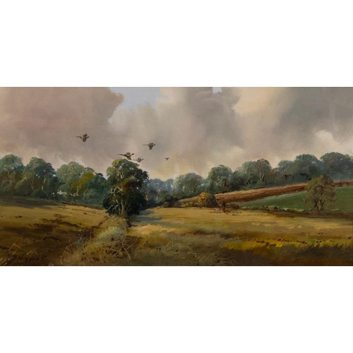 106 - Robert Bertie Higgins. 
PHEASANTS, GREYABBEY, CO. DOWN. 
OIL ON BOARD . 
20 X 40CM. 
SIGNED