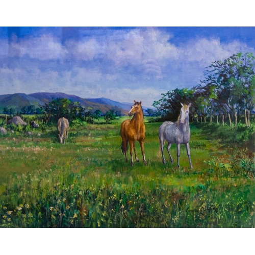 108 - CORMAC LARKIN. 
HORSES. 
OIL ON BOARD. 
SIGNED 40 X 50CM