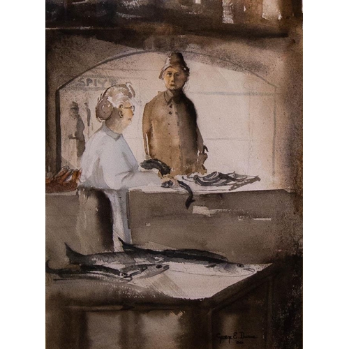 113 - GEORGE E. DUNNE. 
THE FISH SHOP. 
WATERCOLOUR. 36 X 27CM. 
SIGNED AND DATED '86