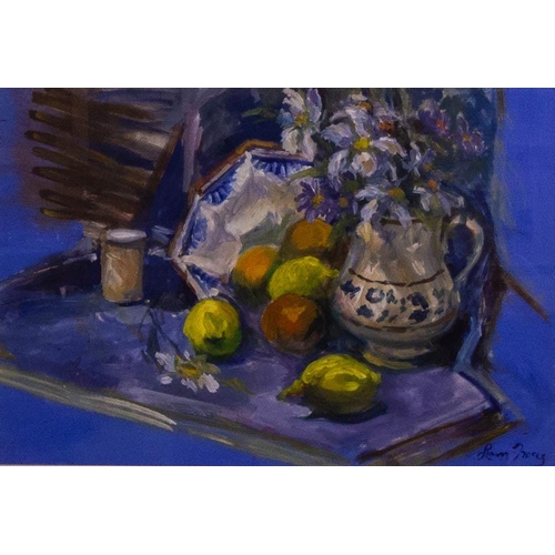 173 - Liam Treacy (1934-2004). 
STILL LIFE, JUG WITH FLOWERS. 
OIL ON CANVAS BOARD. 
SIGNED. 32 X 56CM