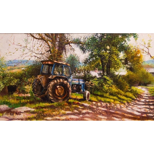 178 - PAT MAHER. 
TRACTOR IN FARMYARD. 
OIL ON BOARD. 28 X 48CM . 
SIGNED