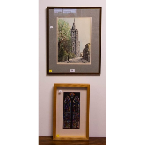 186 - ETCHING OF ST. PATRICKS CATHEDRAL BY CAROL RICHARDSON  + STAIN GLASS WINDOW GAUCHE.