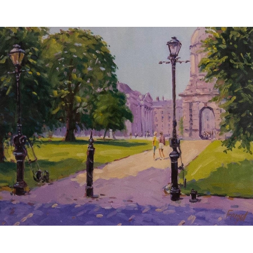 189 - FERGAL FLANAGAN (B.1948). 
SUMMER TIME , 
TRINITY COLLEGE. 
OIL ON BOARD. 
40 X 50CM SIGNED