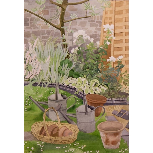 192 - PATRICIA JORGENSEN  
GARDEN THINGS. 
WATERCOLOUR. 55 X 37CM .  
SIGNED AND DATED ' 90- ( NO GLASS)