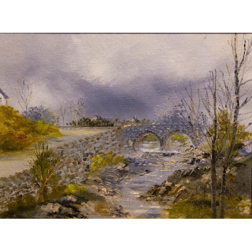 194 - BRENDA HAYES
 THE BRIDGE AT CLIFDEN 1990. 
OIL ON BOARD. 29 X 39CM.
 SIGNED