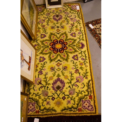 202 - 2 RUGS, YELLOW GROUND FLORAL RUG + ORANGE RUG 180 X 78W CM + 150 X 60CM