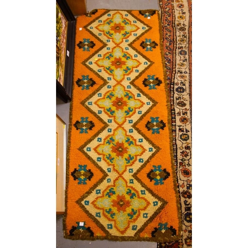 202 - 2 RUGS, YELLOW GROUND FLORAL RUG + ORANGE RUG 180 X 78W CM + 150 X 60CM