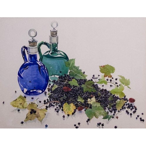 PAULINE DOYLE. 
BLACKCURRANTS STILL LIFE. 
WATERCOLOUR. 50 X 62CM  
SIGNED AND DATED '91