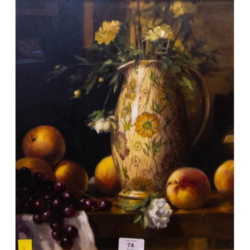 74 - MAT GROGAN.
STILL LIFE 
JUG WITH FLOWERS. 
OIL ON BOARD 
38 x 34CM 
SIGNED