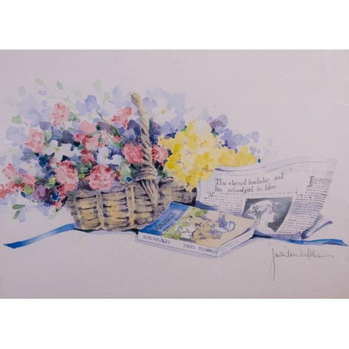 80 - Judith Caulfield Walsh. 
STILL LIFE WITH FLOWERS & BOOK . WATERCOLOUR. 38 X 53CM
SIGNE