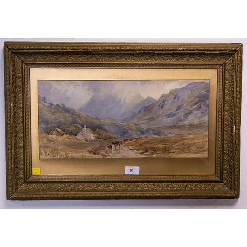 91 - DOUGLAS ALEXANDER RHA 1871 - 1945. 
MOUNTAIN SCENE. 
WATERCOLOUR. 20 X 45CM . 
SIGNED