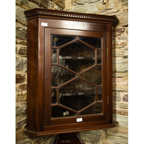 111 - MAHOGANY GLAZED DOOR CORNER CABINET. 80CM HIGH