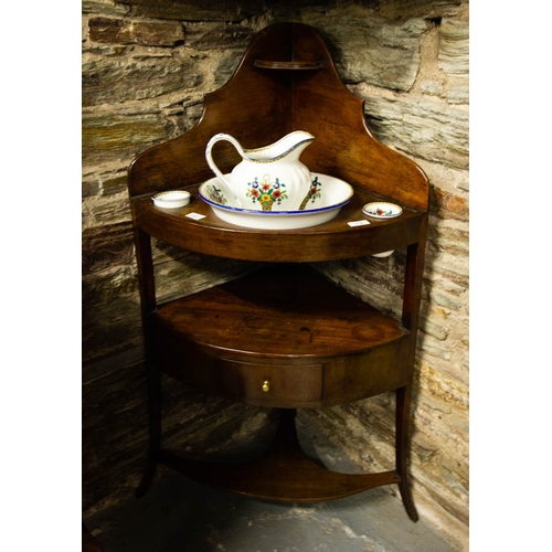 112 - VICTORIAN MAHOGANY CORNER WASH STAND . 115 CM HIGH WITH JUG AND BOWL SET