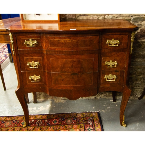 117 - FRENCH MAHOGANY AND WALNUT SHAPED FRONT CHEST WITH 3 DRAWERS. 90 X 43 CM X 80CM HIGH